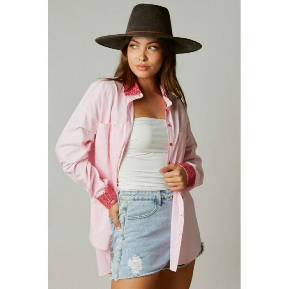 Made My Day Smile Sequin Outline Patch Shirt in Pink - Picture 4 of 10